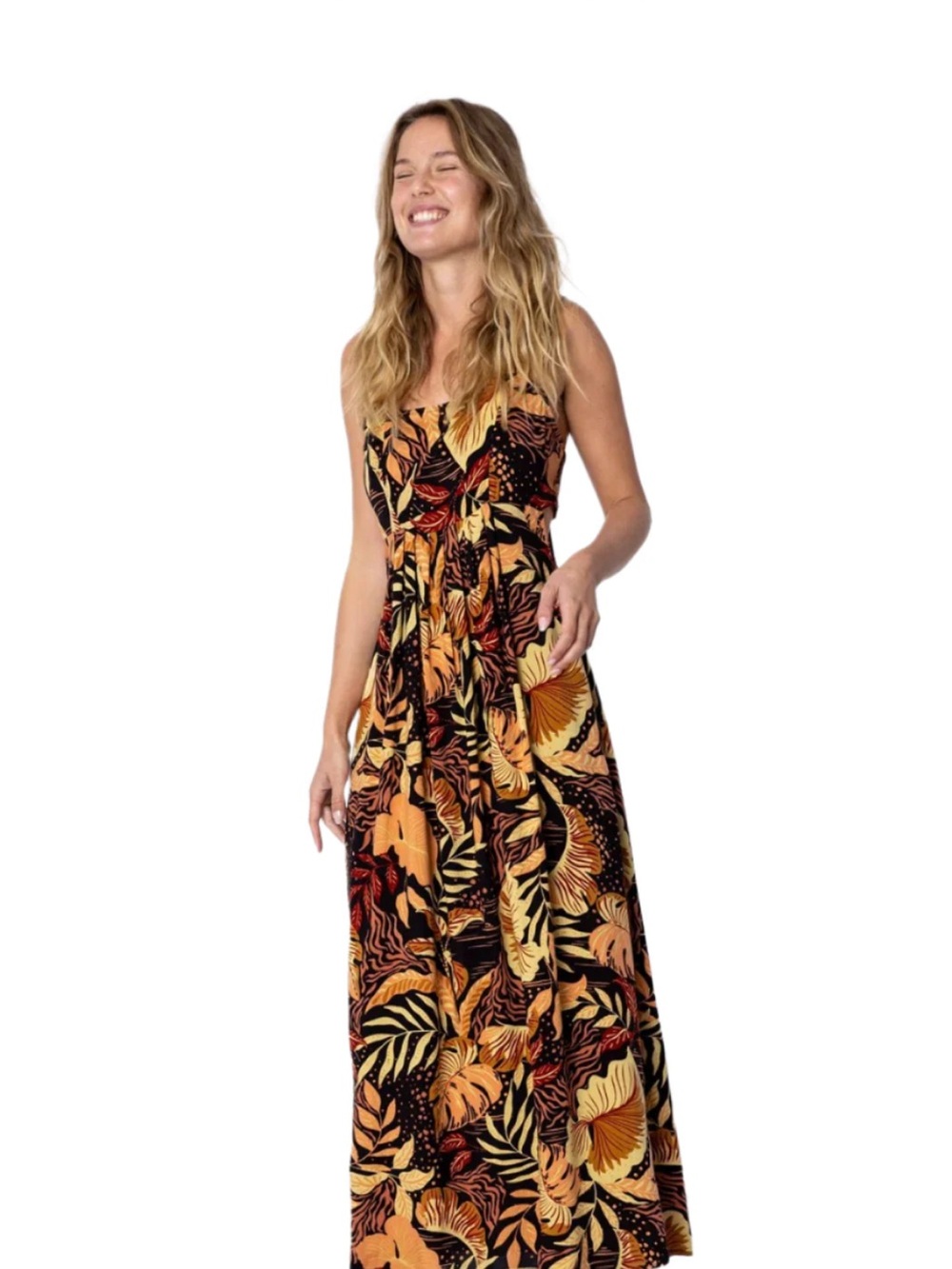 Amuse Society Black and Mustard Tropical Maxi Dress